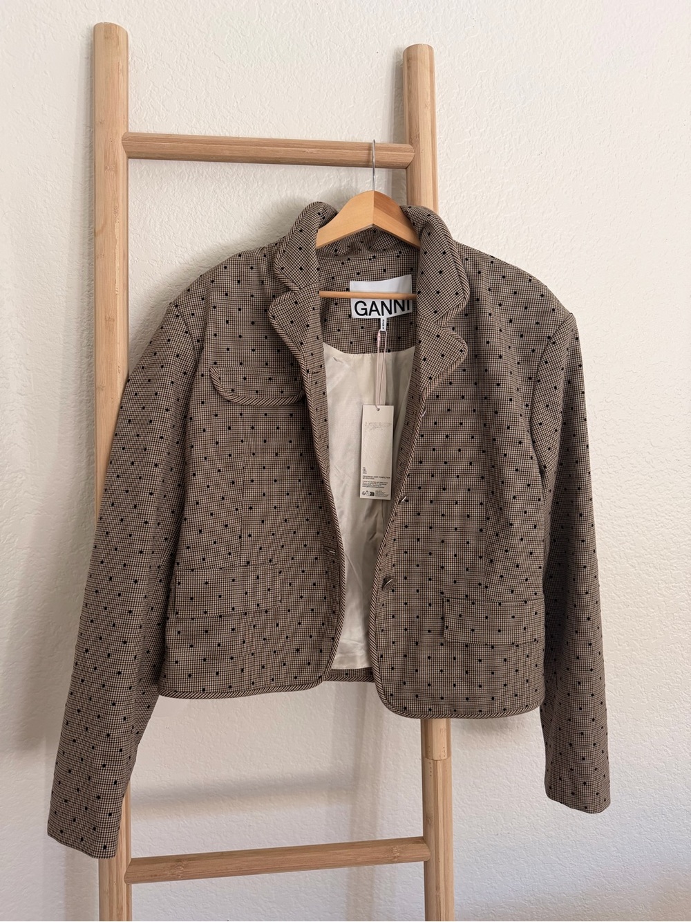 Ganni Beige Checked Blazer with Black Dot Print